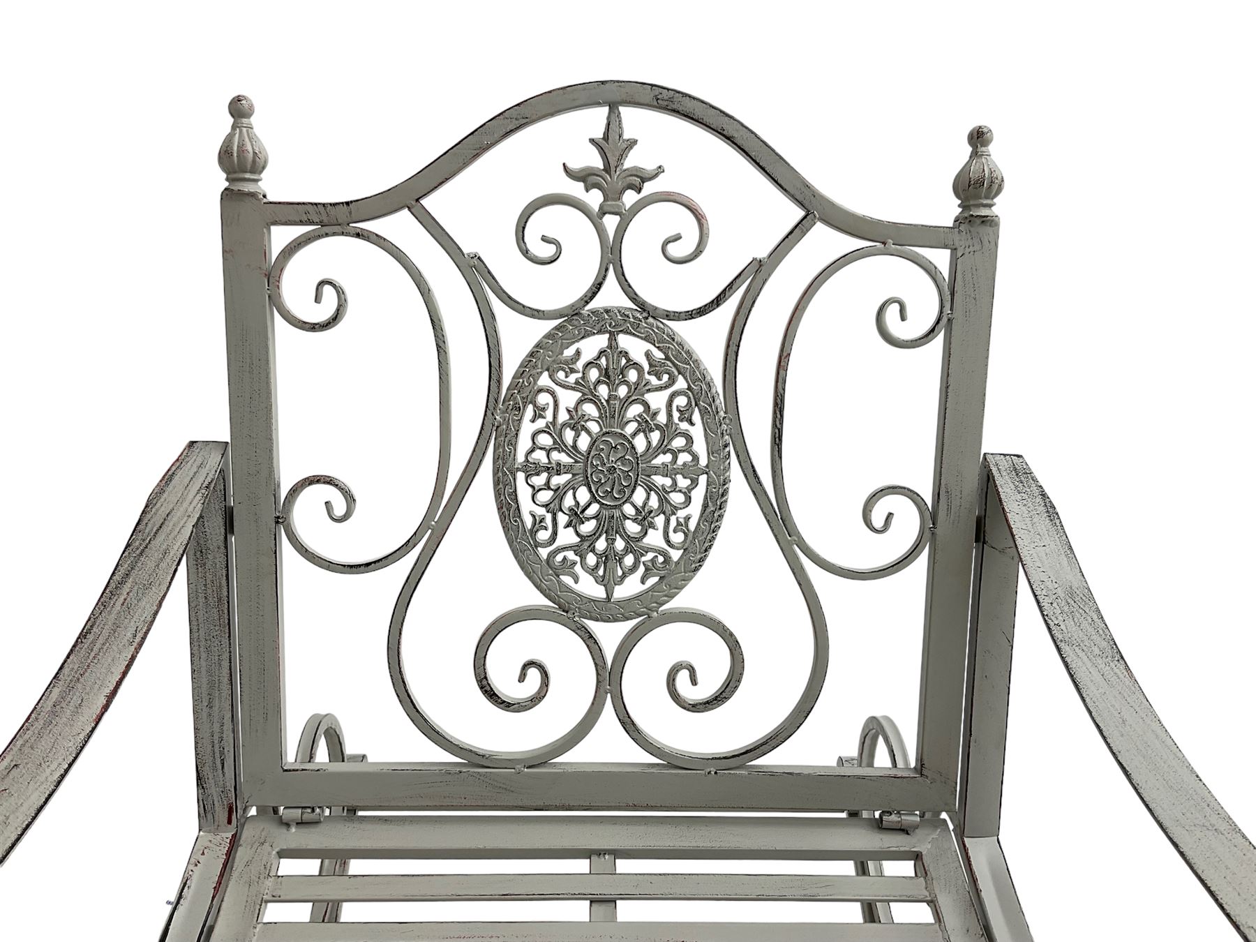 Regency design wrought metal rocking garden bench armchair, pierced back with scroll design and central foliate medallion over strap seat, with C-scroll arms and supports, in antique grey finish