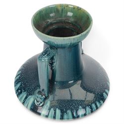 Linthorpe twin handled vase, in green and blue trailing glaze, impressed marks beneath, H22cm 