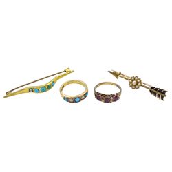 Victorian and later gold jewellery including turquoise brooch, five stone turquoise and pearl ring, 15ct gold garnet and pearl ring and a 9ct gold pearl arrow brooch 