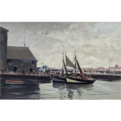 Roy Petley (British 1950-): Fishing Boats by the Quayside Honfleur, oil on panel signed, titled verso 30cm x 45cm