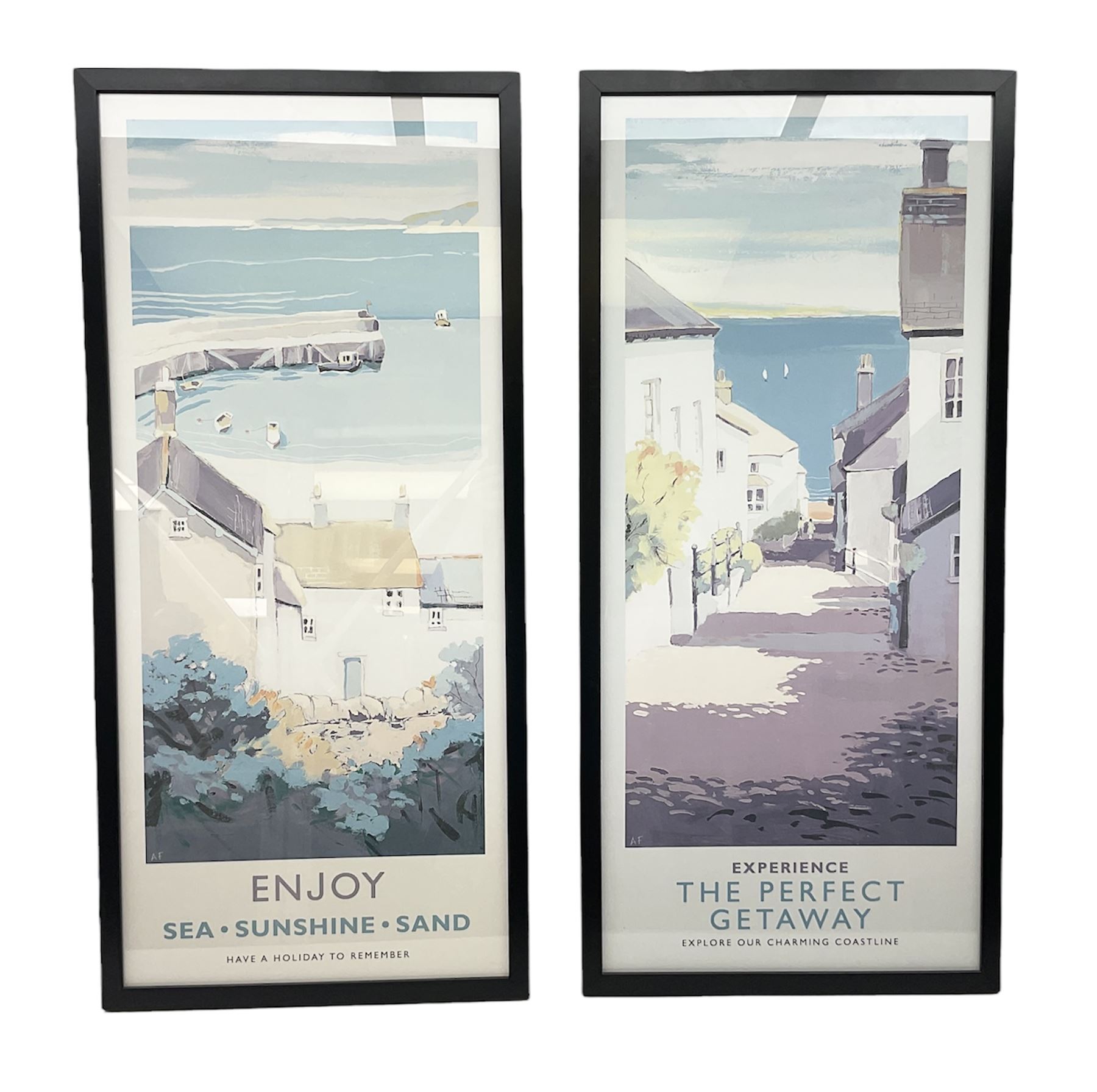 After Adelene Fletcher (British Contemporary): 'Enjoy Sea - Sunshine - Sand' and 'Experience the Perfect Getaway', pair colour travel prints 89cm x 39cm (2)