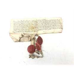  14th century manuscript indenture relating to Widdington, dated in pencil 1380 with three armorial wax seals, L33cm   