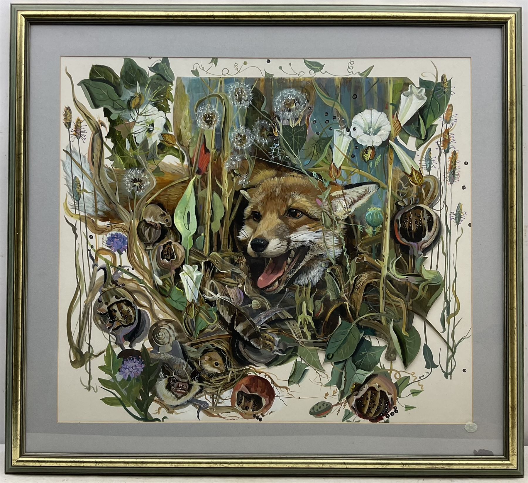 Sheila Gertrude Mackie (Northern British 1928-2010): Fox in the Undergrowth, gouache and cut-out signed with initials 68cm x 77cm