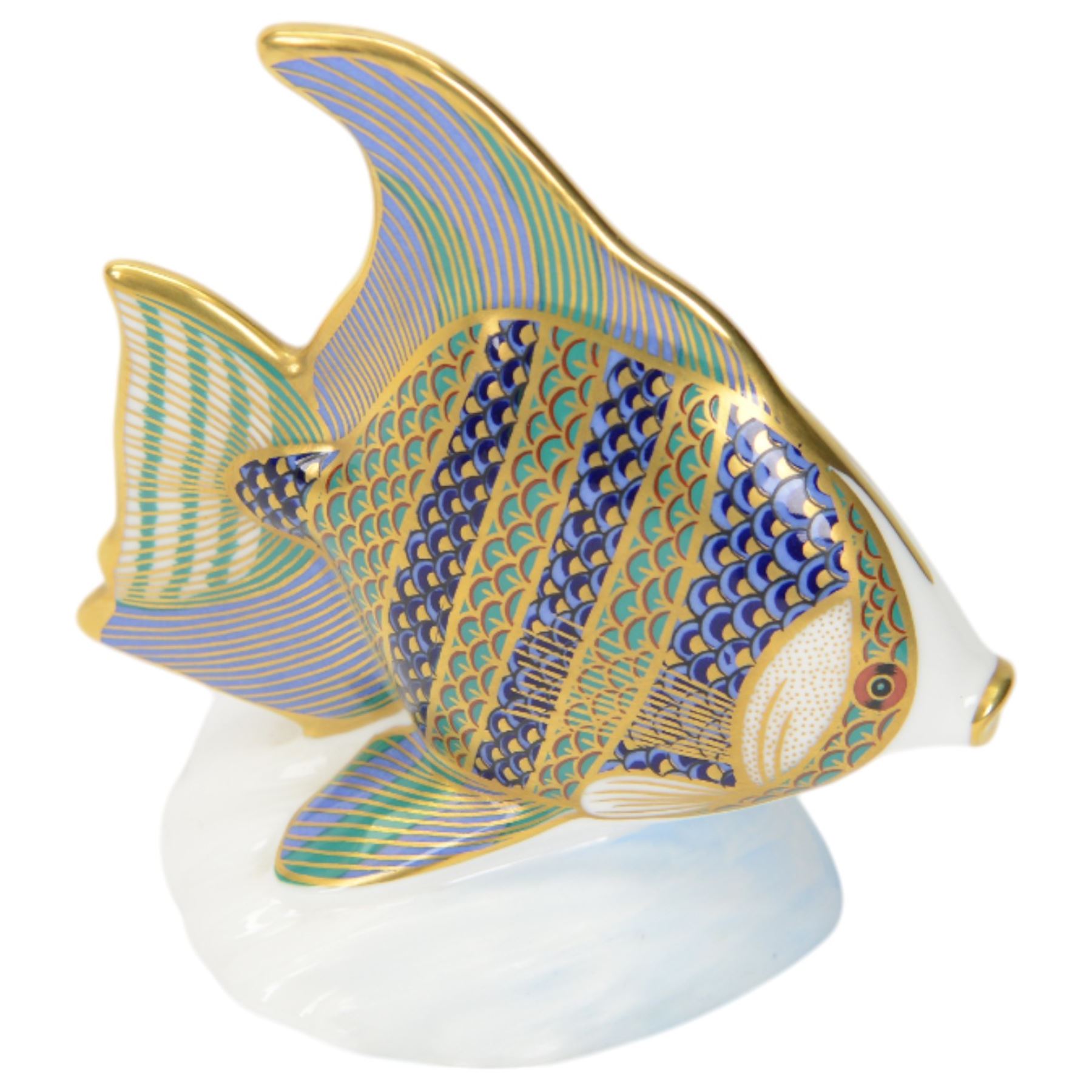 Three Royal Crown Derby Tropical Fish paperweights, comprising Angel Fish, Sweetlips and Gourami, all with gold stoppers and boxes