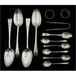 Silver serving spoon Old English pattern by Richard Crossley, London 1783, three other George III silver serving spoons and collection of silver flatware, all hallmarked, approx 12oz  