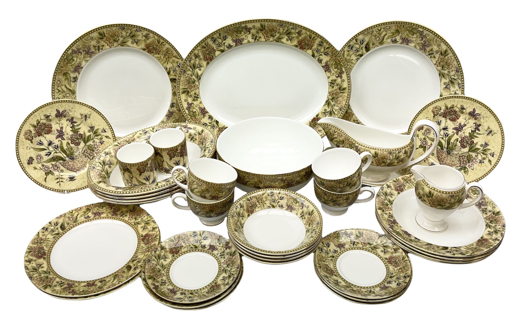 Wedgwood Floral Tapestry Pattern part tea and dinner service, including four tea cups and saucers, two coffee cans and saucers, four soup bowls, four bowls, four open tureens, meat platter etc (35)