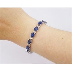 18ct white gold oval cut sapphire and round brilliant cut diamond bracelet, total sapphire weight approx 19.50 carat