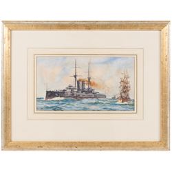 Charles John de Lacy (British 1856-1929): Japanese Battleship, watercolour signed 14.5cm x 26.5cm 