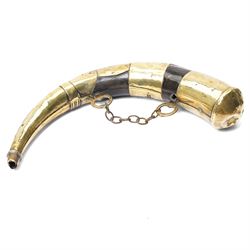 Leg of mutton leather shotgun case L78cm and a North African brass and horn powder horn