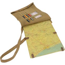 WWI British Army issue map board, stamped Houghton-Butcher, London 1915, fitted with compass, protractor and leather strap, together with two webbing map cases
