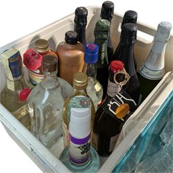 Collection of decanters, painted coat of arms, coffee service, spirits etc, contents in six boxes