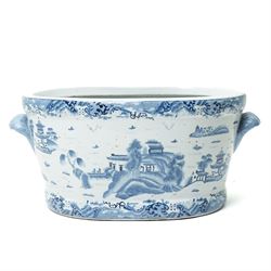 Chinese blue and white 20th century foot bath, decorated externally with a landscape, and ...