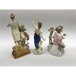 A group of assorted figures, to include a 19th century porcelain cherub candlestick modelled as Autumn, a Derby style figure modelled as a classical female, a French model of a Dove with spurious marks beneath, and two further figures modelled as Zeus and Poseidon, each with spurious anchor mark, etc.