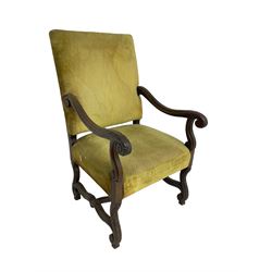 Early 20th century Carolean design mahogany framed throne chair, back and sprung seat upholstered in sage green fabric, scrolled amd reeded arms with carved oak leaf design, shaped supports with scroll feet united by waived stretchers