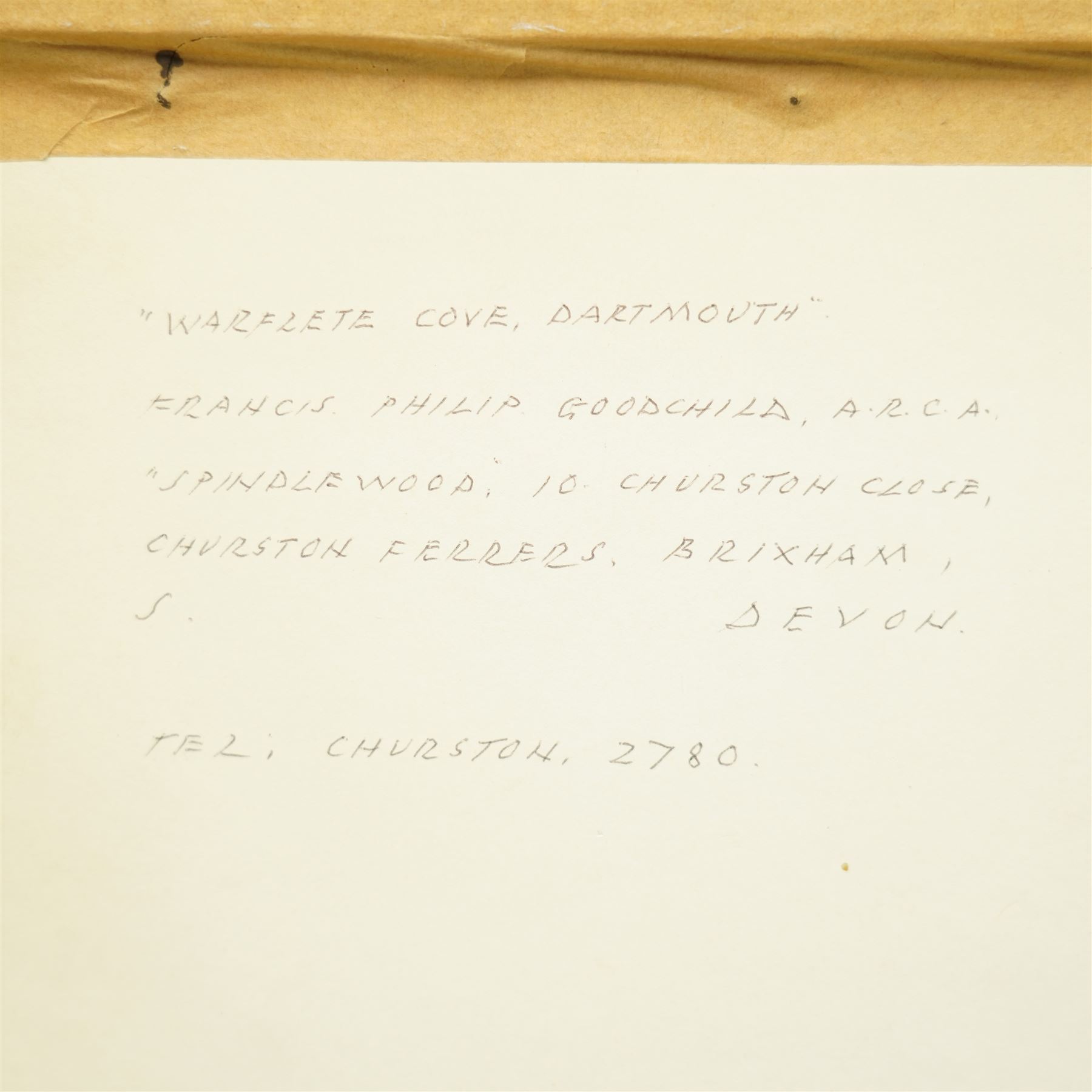Francis Philip Goodchild ARCA (British 1900-1986): 'Mill Creek - Dartmouth' 'Galmpton Creek' 'Dartmoor - East of Widdicombe' 'Church at Berry Pomeroy' 'Wharflete Cove' 'Evening over the Dart' and 'Near Dittsham', set seven watercolours signed and dated, titled verso max 40cm x 75cm (7)