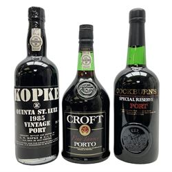 Kopke Quinta St Luiz 1985 Vintage Port, 75cl 20% vol, one bottle, Cockburn's Special Reserve Port, 70cl, one bottle and Croft Fine Tawny Porto, 75cl, one bottle (3)