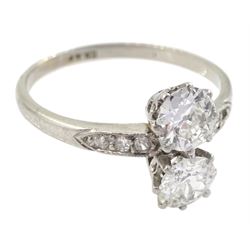 Platinum two stone diamond ring, with diamond set shoulders, two principle diamonds approx 0.45 carat each