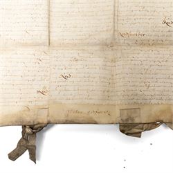 Algernon Percy, 10th Earl of Northumberland: English Civil War period vellum indenture, dated 16 August 1647, between Algernon Percy, Earl of Northumberland and Elizabeth, Countess of Northumberland, relating to a cottage, garth and lands at Hunmanby, Yorkshire, granted to Guy Pickering and Robert Pickering, with reference to Hugh Potter and Peter Dodsworth, manuscript on vellum with decorative initial, pendant seal tag and signatures/witnesses verso

Notes:
Algernon Percy, 10th Earl of Northumberland (1602-1668), was Lord High Admiral to Charles I and later a leading moderate Parliamentarian during the English Civil War. Dated August 1647, this indenture was executed in the aftermath of the First Civil War, while Percy was closely involved in Parliamentary government and in the custody of the King’s younger children. The document concerns property at Hunmanby, Yorkshire, and includes reference to tenure connected with the Crown and King Henry VIII