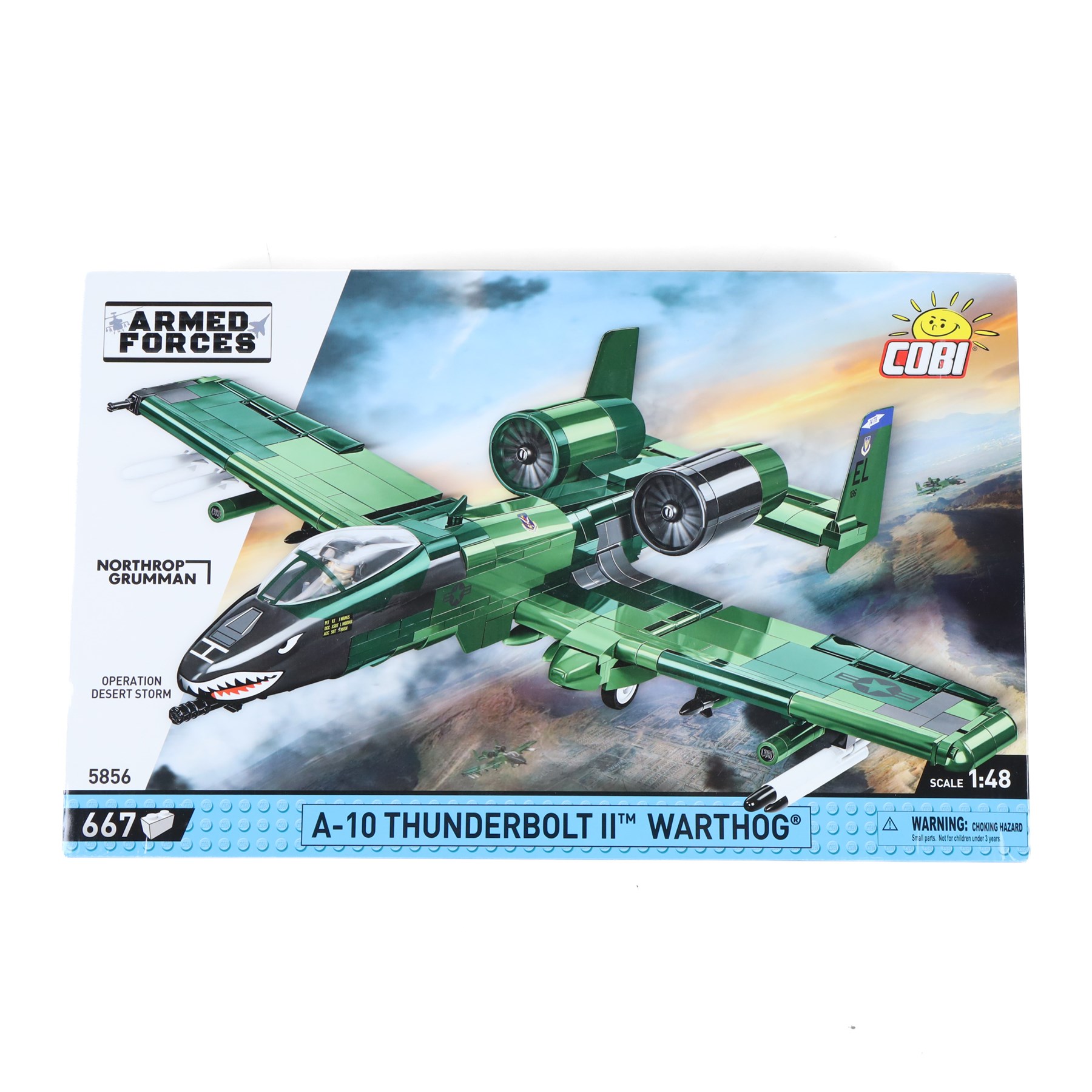 Four Cobi Bricks 1:48 scale Armed Forces sets, comprising no. 5856 A-10 Thunderbolt II Warthog, no. 5849 Eurofighter F2000 Typhoon, no. 5898 F-4F Phantom II and no.5832 F-35 A Lightning II, all in sealed boxes