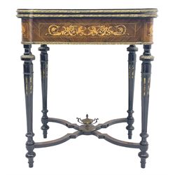 Late Victorian inlaid rosewood card table, the top inlaid with central urn surrounded by scrolled interlacing foliage and zoomorphic bird motifs, single satinwood band and boxwood stringing, the top swivelling to reveal fitted storage well and folding with baize lined interior, the friezes inlaid with scrolled leafage, serpents and masks, each corner inlaid with shell motif, on turned and fluted ebonised supports connected by shaped x stretcher mounted by gilt metal urn, gilt metal mounts and fittings, turned feet