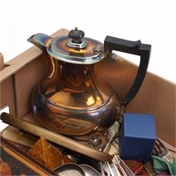 Various silver plate items, wooden kaleidoscope, Royal Scot crystal glasses, needlework, bone snuff boxes, etc