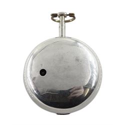 George III silver pair cased verge fusee pocket watch by Richard Tompion, Liverpool, No. 3801, round baluster pillars, pierced and engraved balance cock decorated with a heart, white enamel dial with Arabic numerals and outer quarter markers, beetle and poker hands, bull's eye glass, case by Henry Harding, Birmingham 1792