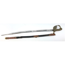  Victorian Naval sword by Bodley & Etty, 74cm slightly curved single edge  pipe back blade with 26cm quill tip, etched with fouled anchor scrolls and plumes, hilt with wirebound sharkskin grip, Gothic brass guard with crowned fouled anchor and lions head pommel, L87.5cm, in brass mounted leather scabbard  