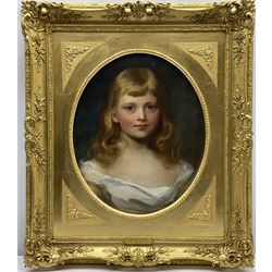 Henry Weigall Jnr. (British 1829-1925): 'Prince Adolphus of Teck'  oval bust portrait aged 4 1/2, oil on canvas, inscribed and titled verso 45cm x 37cm in swept gilt frame
Notes: Adolphus Cambridge, 1st Marquess of Cambridge, GCB, GCVO, CMG, ADC, born Prince Adolphus of Teck and later The Duke of Teck, was born at Kensington Palace London on the 13th August 1868, a great-grandson of King George III and younger brother of Queen Mary, the wife of King George V