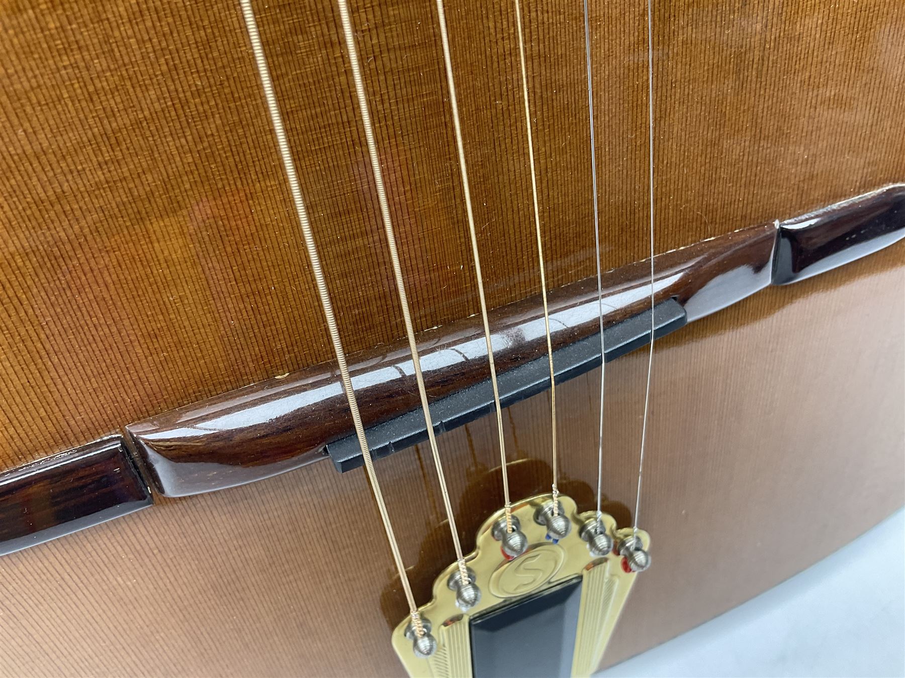 Spanish Gitano Manuel Rodriguez EMC1 Maccaferri acoustic guitar, c2000, the cedar top with D-hole, L98cm overall; in lightweight hard carrying case.