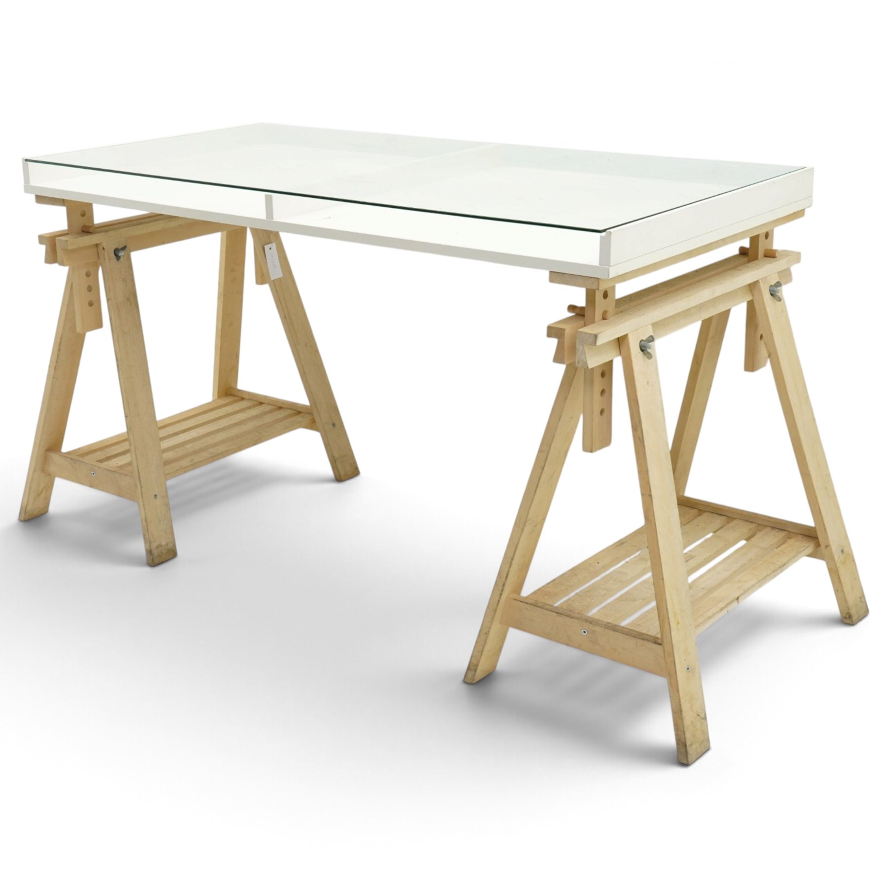 IKEA - Vika Gruvan trestle table, glass and white top raised on beech adjustable supports