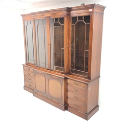 Wade Georgian style mahogany breakfront bookcase display cabinet, projecting cornice, dentil frieze, four doors enclosing six glazed shelves, eight graduating drawers flanking two cupboards, plinth base, W211cm, H203cm, D46cm