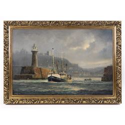 Jack Rigg (British 1927-2023): Kirkudbright Trawler KY209 'Ocean Venture' leaving Whitby Harbour in a Squall, oil on canvas signed and dated 1982, 50cm x 75cm