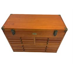 A 9 drawer Clarke wooden tool box complete with miscellaneous workshop, engineering hand tools and machine tools, clockmaking tools, gauges, drills, callipers, screwdrivers, pliers, cutters etc.
