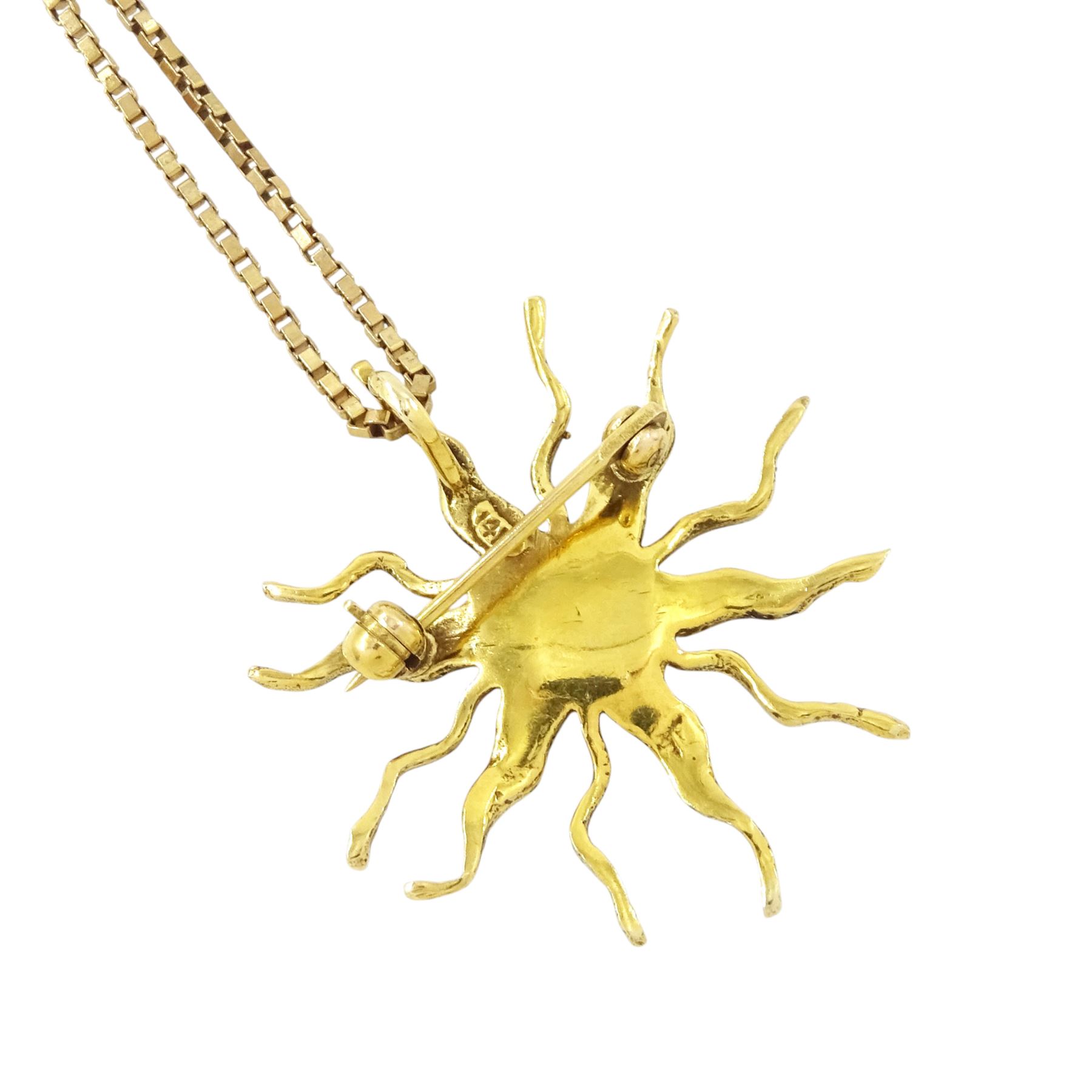 14ct gold amethyst and seed pearl star pendant / brooch, stamped, on a 9ct gold box link chain necklace, hallmarked