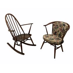 Ercol stick back rocking chair and an ercol tub shaped chair with seat and back cushion 