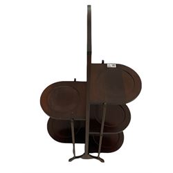 Victorian mahogany pole screen (H142cm), reproduction hardwood revolving book stand with circular top (H76cm), 20th century mahogany folding cake stand (H89cm), and a reproduction mahogany torchere/plant stand (H101cm)