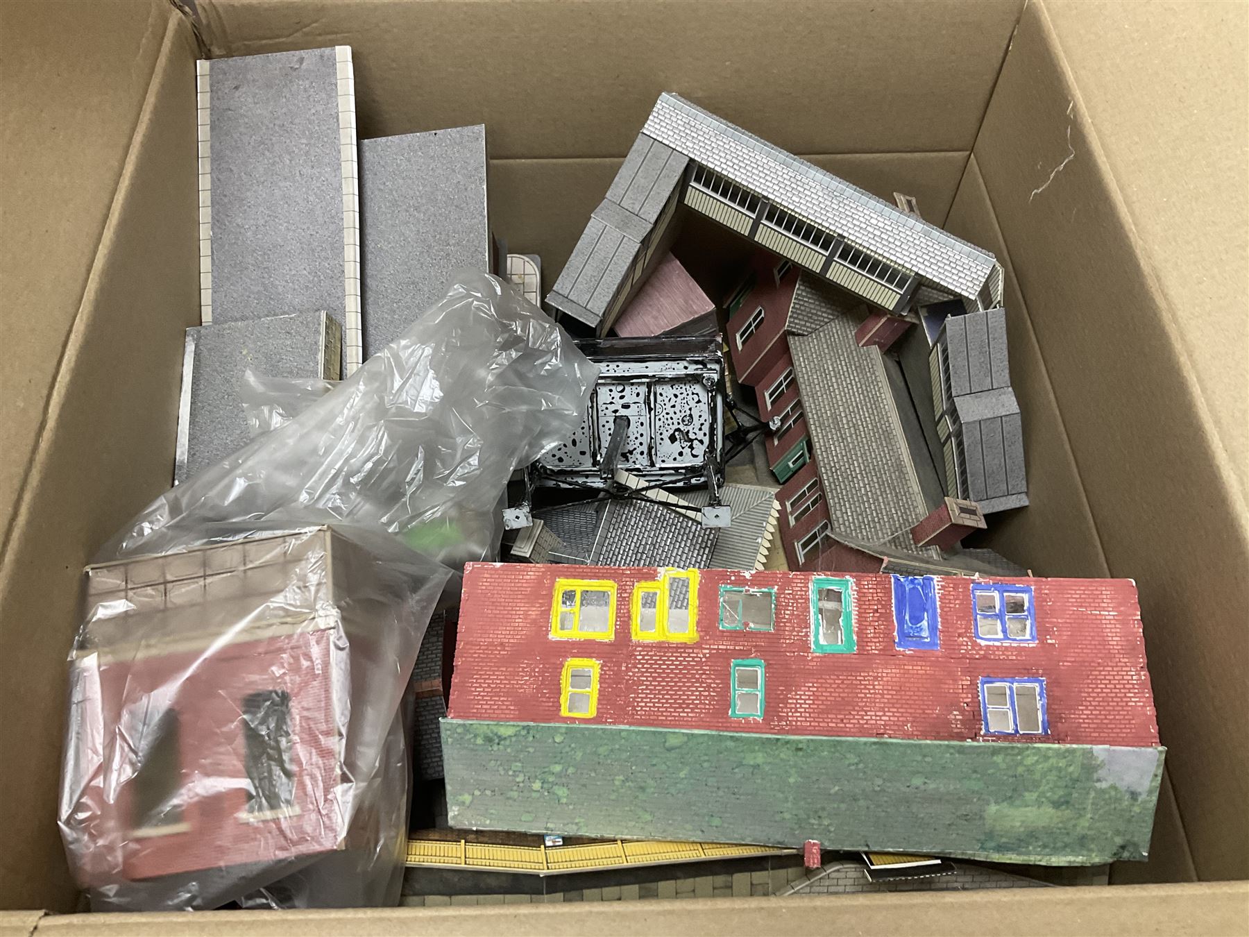 Extensive collection of scratch built buildings for use on ‘00’ gauge model railway layout, small amount of accessories and tools with a quantity of railway magazines and leaflets, in three boxes 