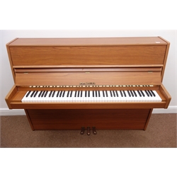  Fazer upright piano, iron framed and overstrung movement, in teak finish case, retailed by Burnard Dean of Scarborough, W145cm, H109cm, D53cm  