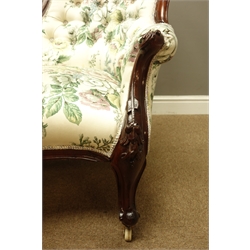  Victorian walnut chaise longue, moulded frame carved with scrolls, upholstered in Vintage Sanderson 'Knowle' pattern sateen fabric, on carved cabriole legs with castors, L156cm, H90cm  