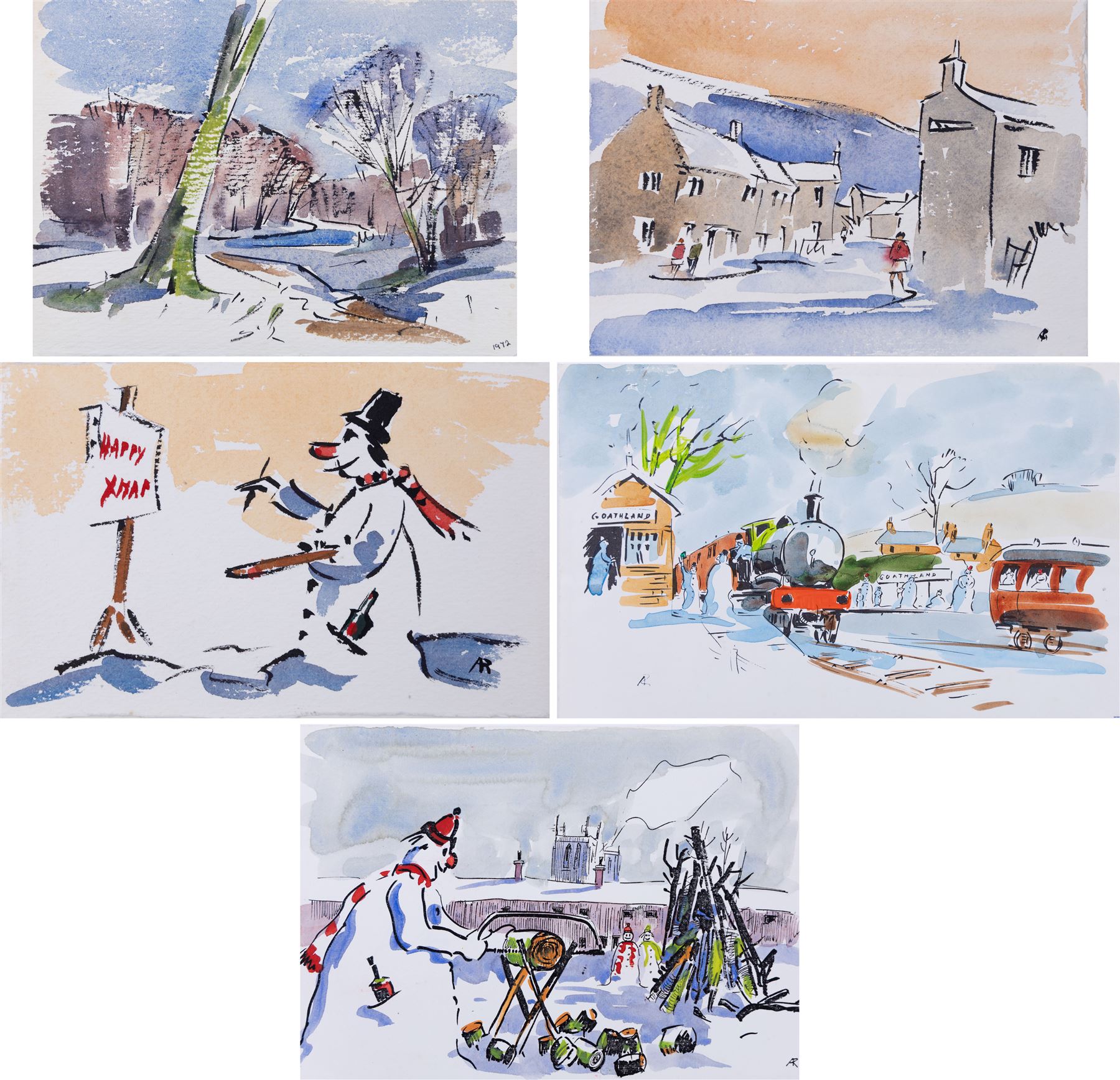 Angus Bernard Rands (British 1922-1985): Winter Scenes, set of four watercolours signed with initials, one dated 1972, max 15cm x 21cm; together with a collection of memorabilia, including a letter and various Christmas cards (unframed)