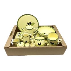 Zeller Fayencerie dinner and tea wares, decorated in cockerels against a yellow ground, with green scalloped border, comprising cake stand, two plates, bowl, three large teacups and saucers, coffee pot, milk jug, cream jug, lidded sugar bowl, pair of cruets modelled as cockerels, butter dish and cover, and utensils pot, and four similar egg cups, in one box 