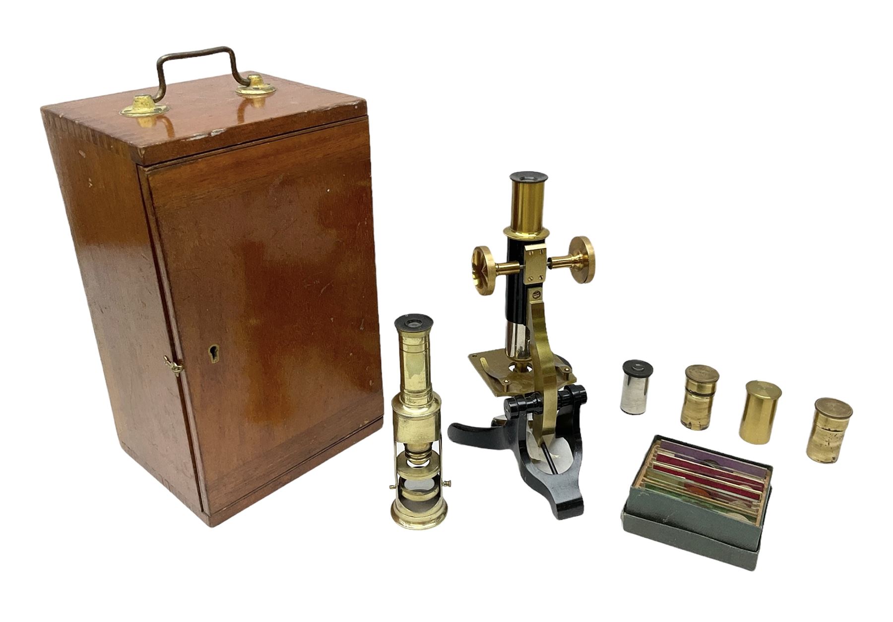  Brass field microscope, together with a cased microscope and twenty five microscope slides