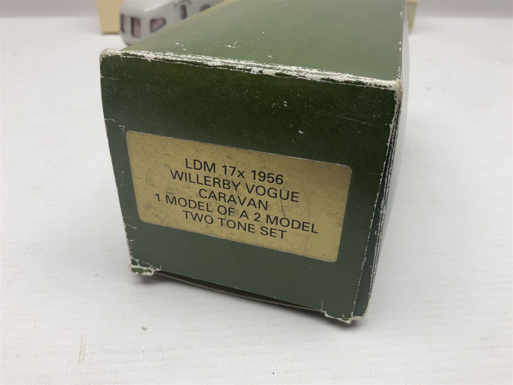 Three Lansdowne Models 1:43 scale models - 1956 Willerby Vogue Caravan; 1960 Bedford Dormobile Romany De-Luxe in green and white; and 1972 Vauxhall VX4/90 (Sapphire Starmist-met); all boxed (3)