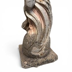Two composition stone garden figures, comprising a seated boy figure and a standing classical draped female figure, each on square base, weathered painted finish.