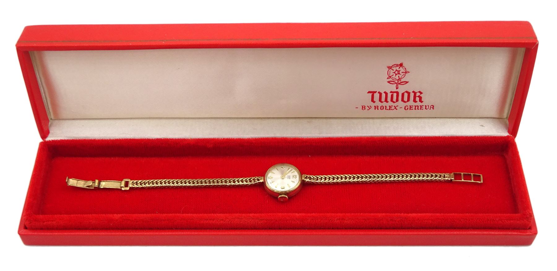 Tudor Royal ladies 9ct gold manual wind wristwatch, Birmignham1965, on original 9ct gold Rolex strap, hallmarked, boxed