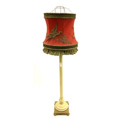 Early 20th century Danish standard lamp, painted and gilt metal column, gilt wood base, embossed red shade