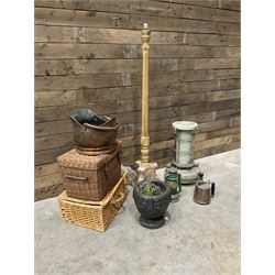 Aladdin paraffin lamp, lamp and burner, coal scuttle, painted standard lamp, stone mortar planter and two wicker baskets