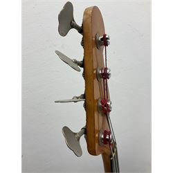 1963 Fender Jazz three-knob bass guitar; impressed with date code 7AUG63A on end of neck and serial no.L08587 on back plate; all original but re-finished in white in the 1970s; sold with photographs of the instrument in the 1960s with original finish and in the 1970s re-finished; L117.5cm; in original hard carrying case; Provenance: the professional guitar of Howard Livett from new to his death in 2005. Howard played in The Humperdincks, the backing group for Englebert Humperdinck, also played in the backing group for Max Bygraves and in the band Hedgehoppers Anonymous. The guitar is also sold with a manuscript letter of provenance from Howard's wife.