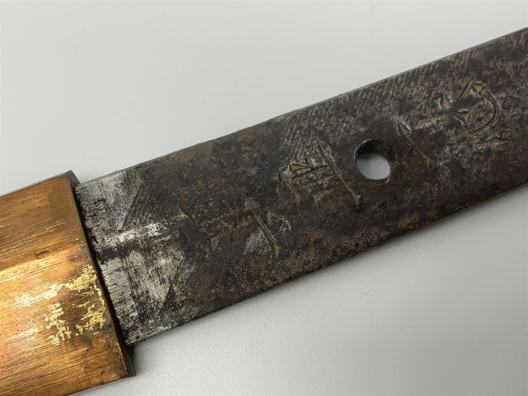 WW2 Japanese Army officer's shin gunto/katana sword with 68.5cm steel single edged blade, foliate cast brass tsuba, bound fish-skin grip with brass mounts, inscribed marks to both sides of tang; in lacquered wooden scabbard with brass mounts and locking button L97cm overall