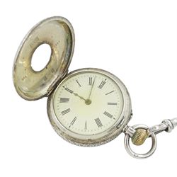 Victorian silver open face lever pocket watch by A Mears & Co, Camden Town, case by English Watch Company, Birmingham 1893, two smaller fob watches, all on Victorian and later silver watch chains